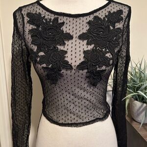 Black mesh poka dot long sleeve top